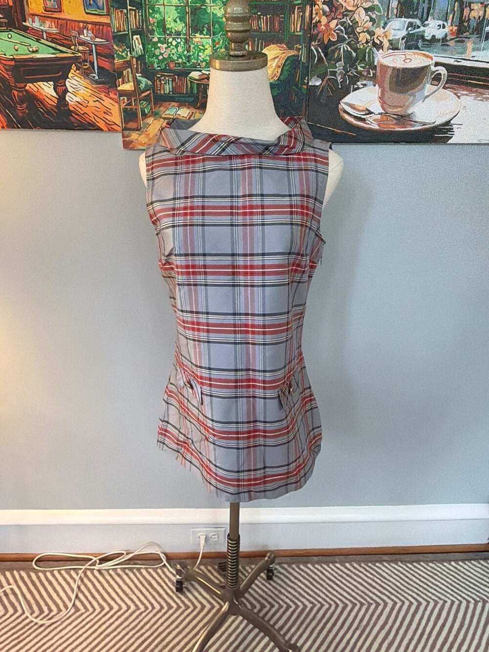 Devon Baer Gray Plaid Cowl Boat Neck Sleeveless Silk Tunic Dress Size S